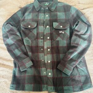 LRG Plaid Fleece Shacket in Dark Green, Black & Red